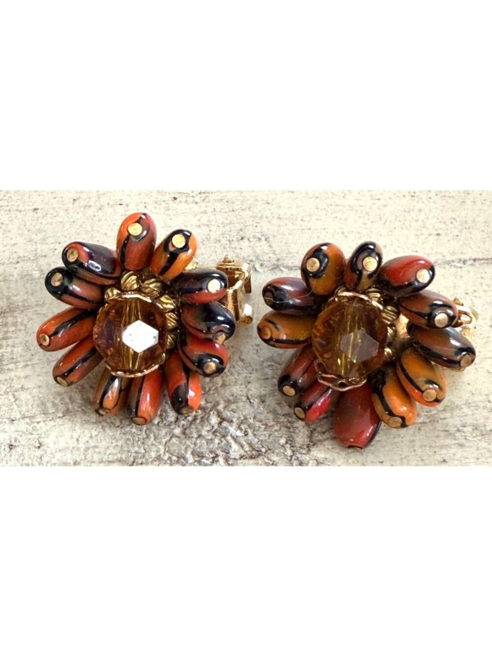 Vintage HOBE Signed Autumn Orange Black Art Glass Bead Cluster Clip Earrings
